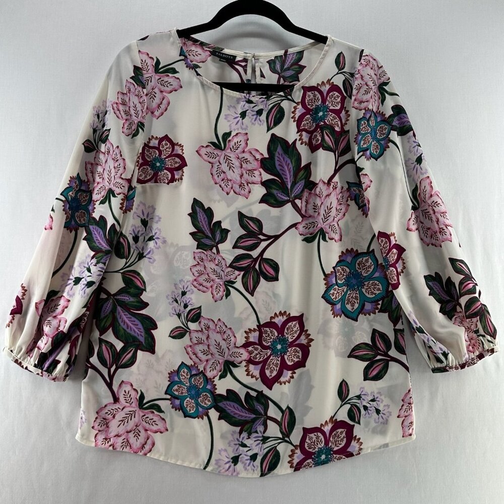 Talbots Floral Poet Sleeve Blouse Womens XS Georgette Boho 3/4 Sleeve White Pink